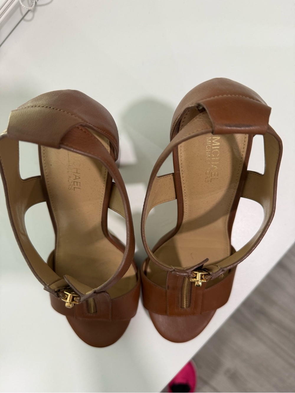 Michael Kors Brown Leather Zip-Front Block Heel Sandals - Picture 5 of 6